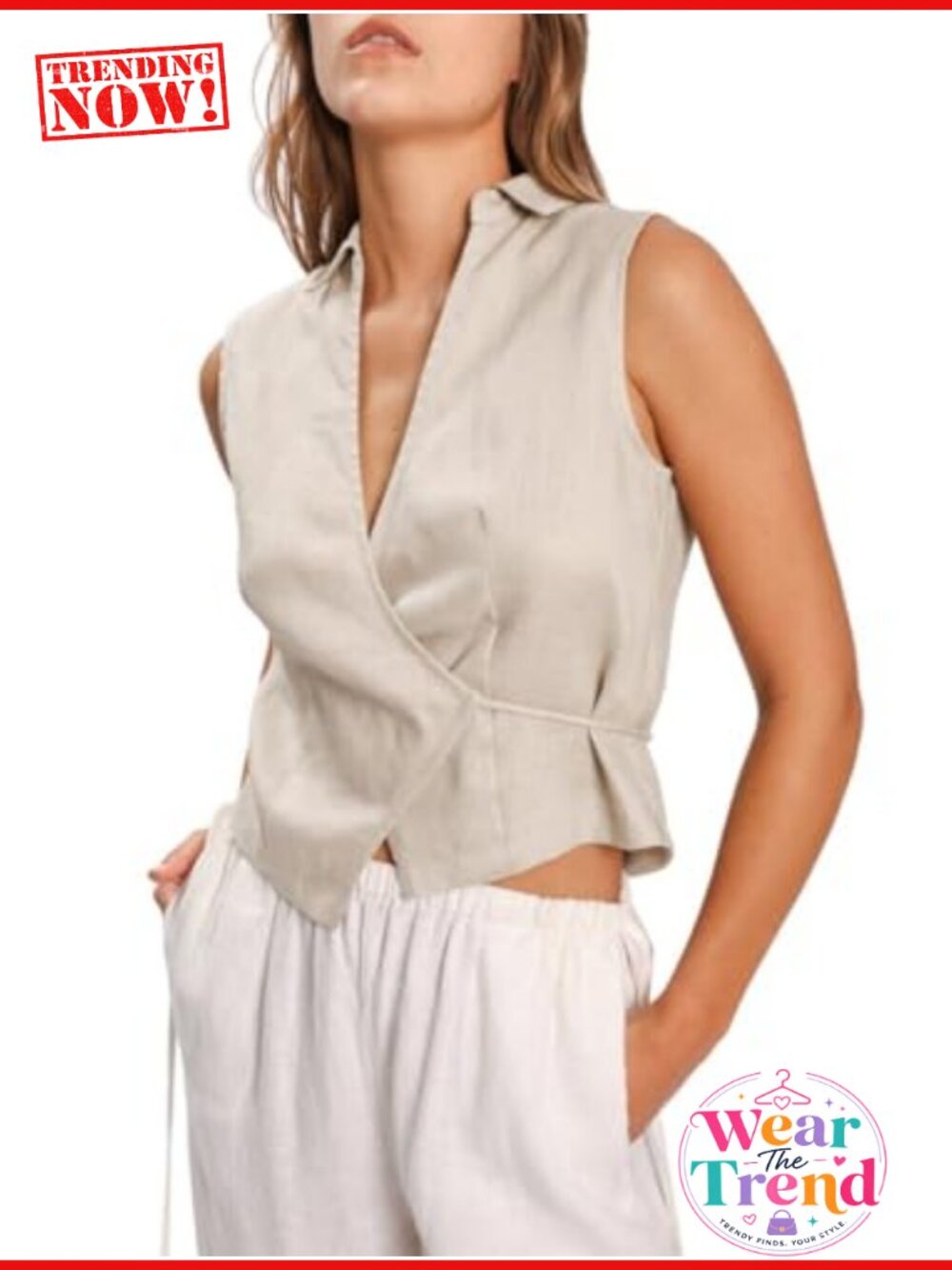100% Linen Sleeveless Wrap Crop Top Collared V-Neck Casual